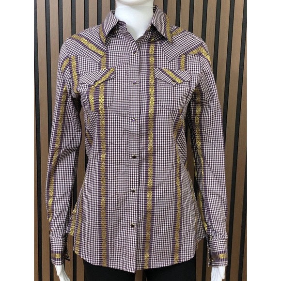 Wrangler Tops - Wrangler Women's Plaid Western Shirt Gold Trim XS Snap Front Long Vintage Sleeve